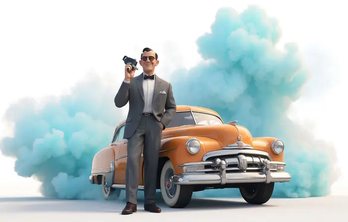 Man Posing with Car Eye-Catching 3D Character Design Art Illustration